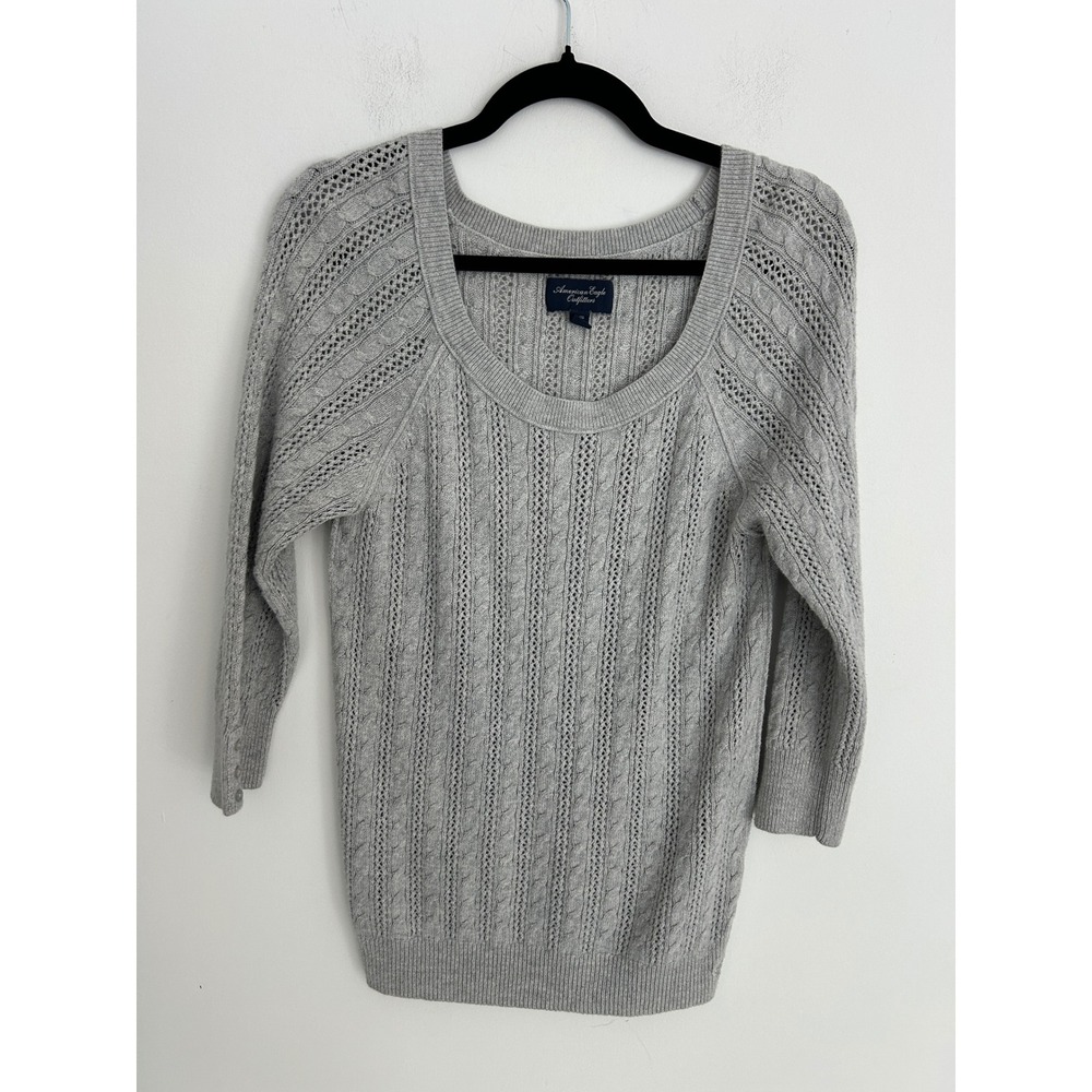 American Eagle Outfitters Gray Cable Knit Scoop Neck 3/4 Sleeve Sweater XL Soft
